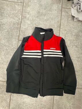 adidas Black and Red Track Jacket with White Stripe Accents